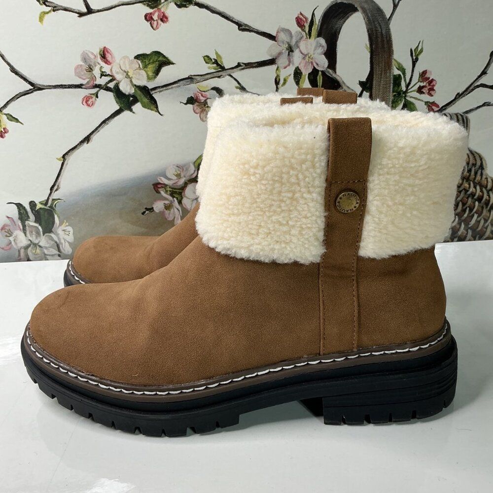 Nautica Womens Faux Suede Winter Boots With Faux Shearling Cuff /Lug Sole Size 8